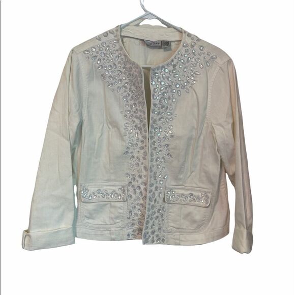 CHICO’S PLATINUM White Embellished Cotton Blazer Jacket.Size 1 - Picture 6 of 15